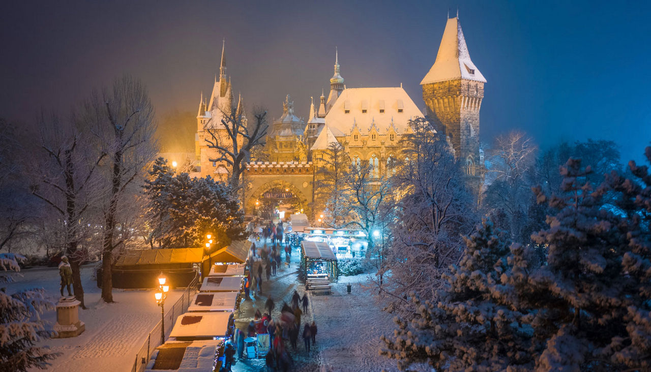 Budapest, Hungary - Christmas market in snowy City Park (Varosliget) from above at night with snowy trees and Vajdahunyad castle at background