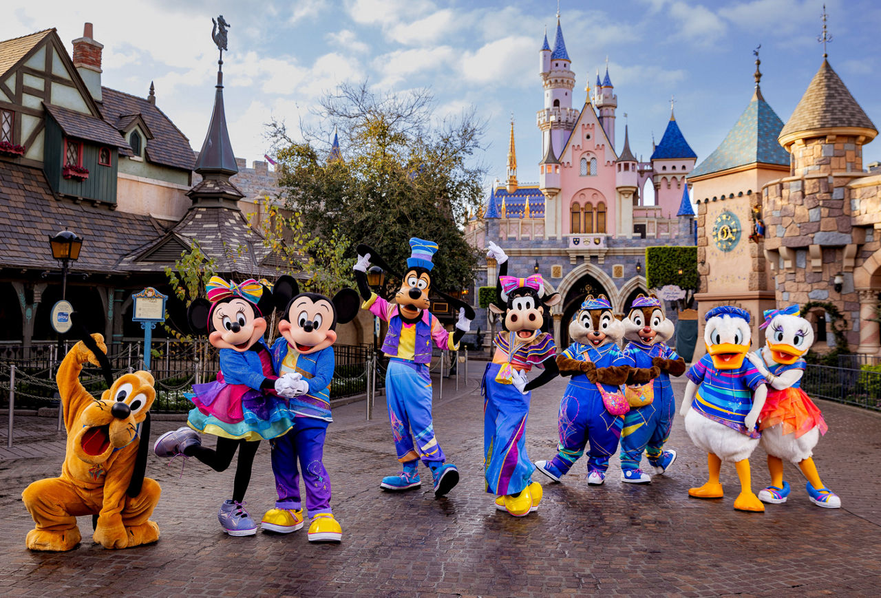 Nifty 9 Disney characters dressed in 70th Anniversary colors