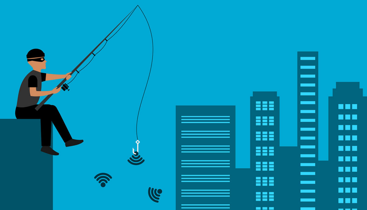 thief is stealing wifi with fishing rod
