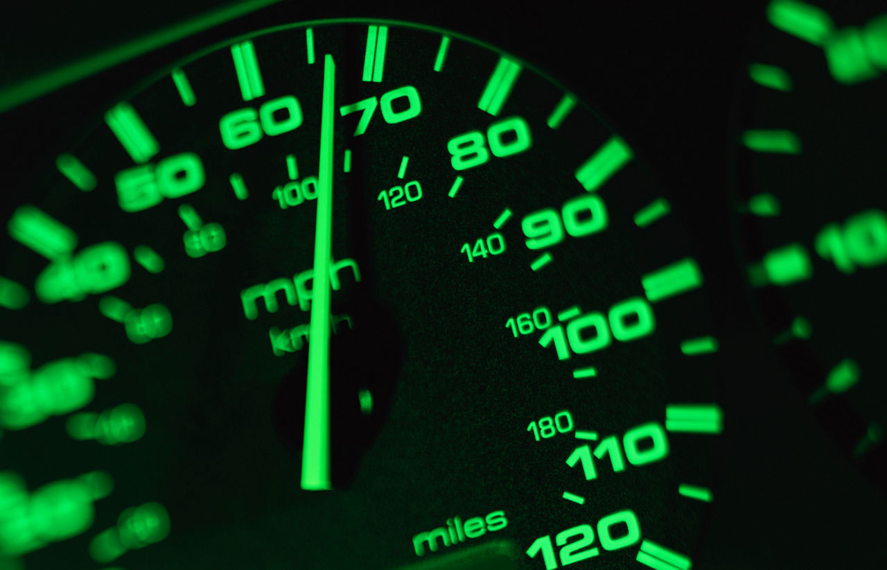 Illuminated vehicle speedometer, close-up