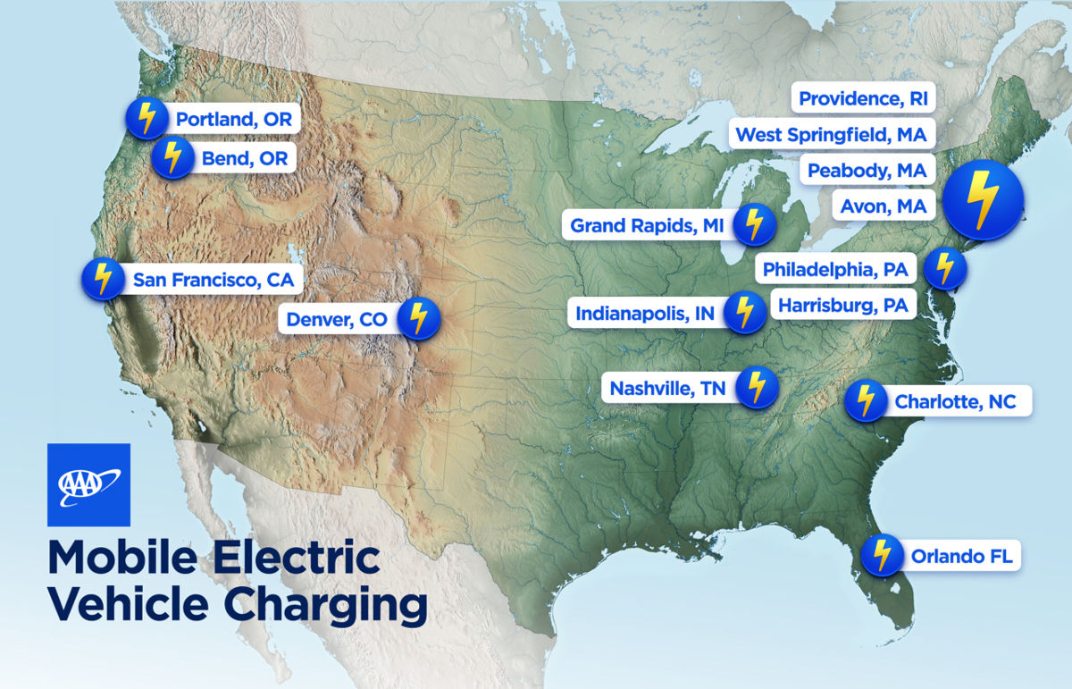 AAA National map of mobile electric vehicle charging stations