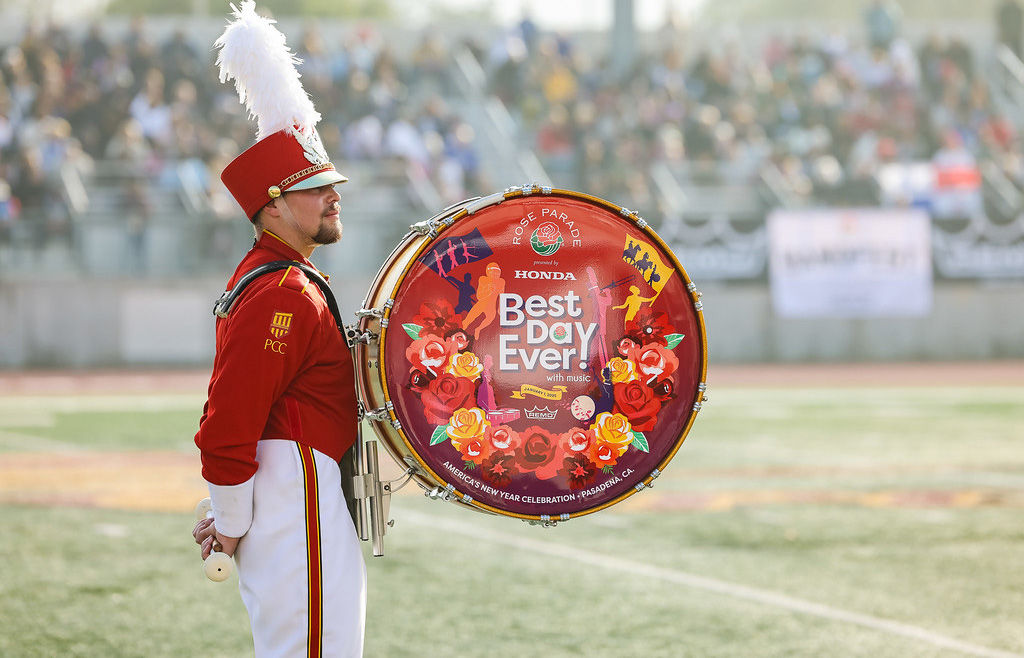Parade drummer standing ready for the Rose Parade