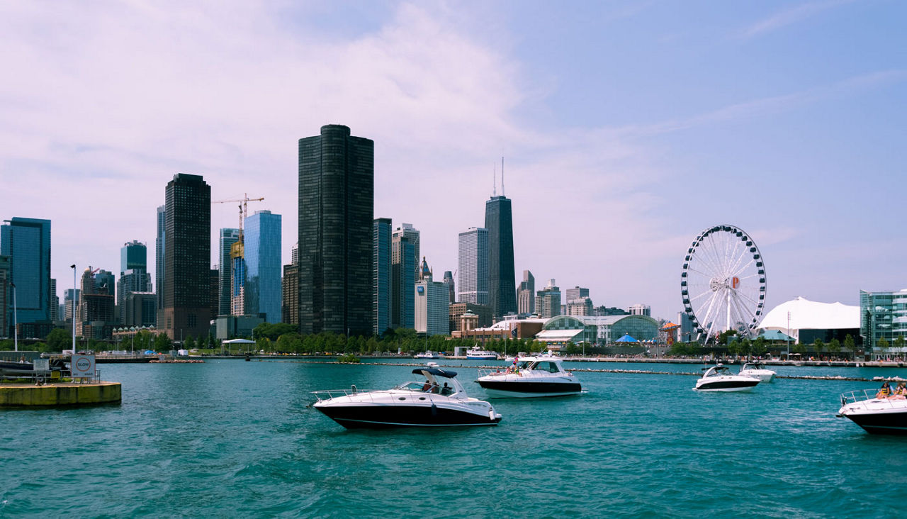 Chicago Skyline view from a boat of a lake