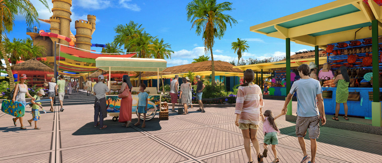 Family strolling through vibrant outdoor market on Celebration Key