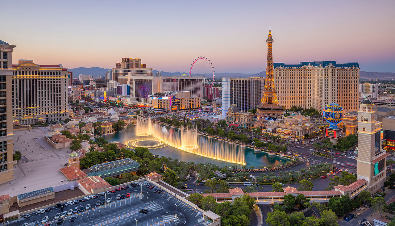 Aerial view of Las Vegas strip in Nevada as seen at night  USA