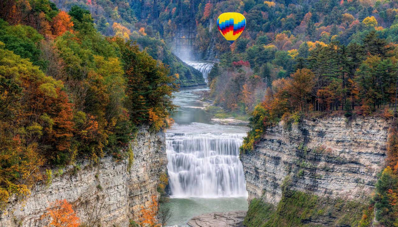 Hot Air Balloon Over The Middle Falls At Letchworth State Park