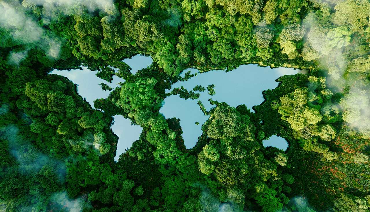 A lake in the shape of the world's continents in the middle of untouched nature. A metaphor for ecological travel, conservation, climate change, global warming and the fragility of nature.3d rendering