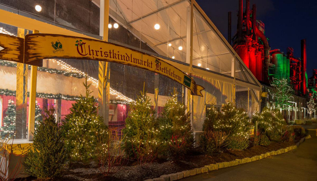 Trees line the street of Christkindlmarkt Bethlehem 