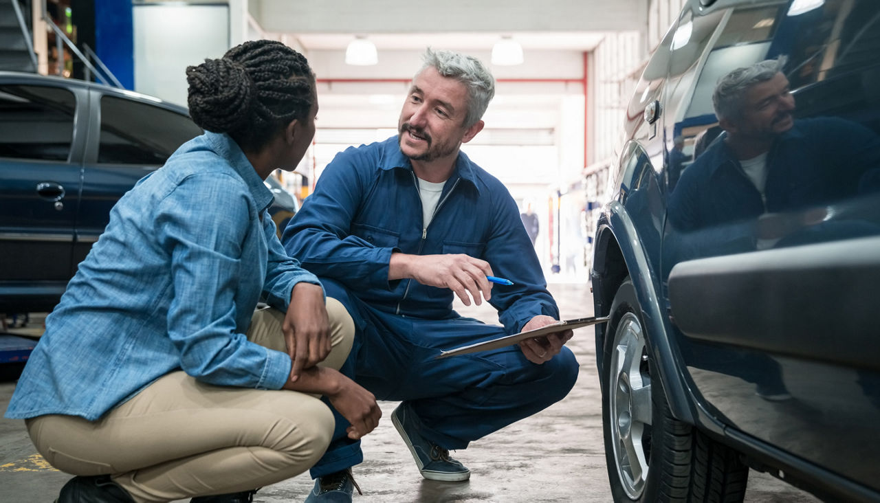 Car mechanic checking car wheel in the auto repair shop, holding clipboard and talking with customer.