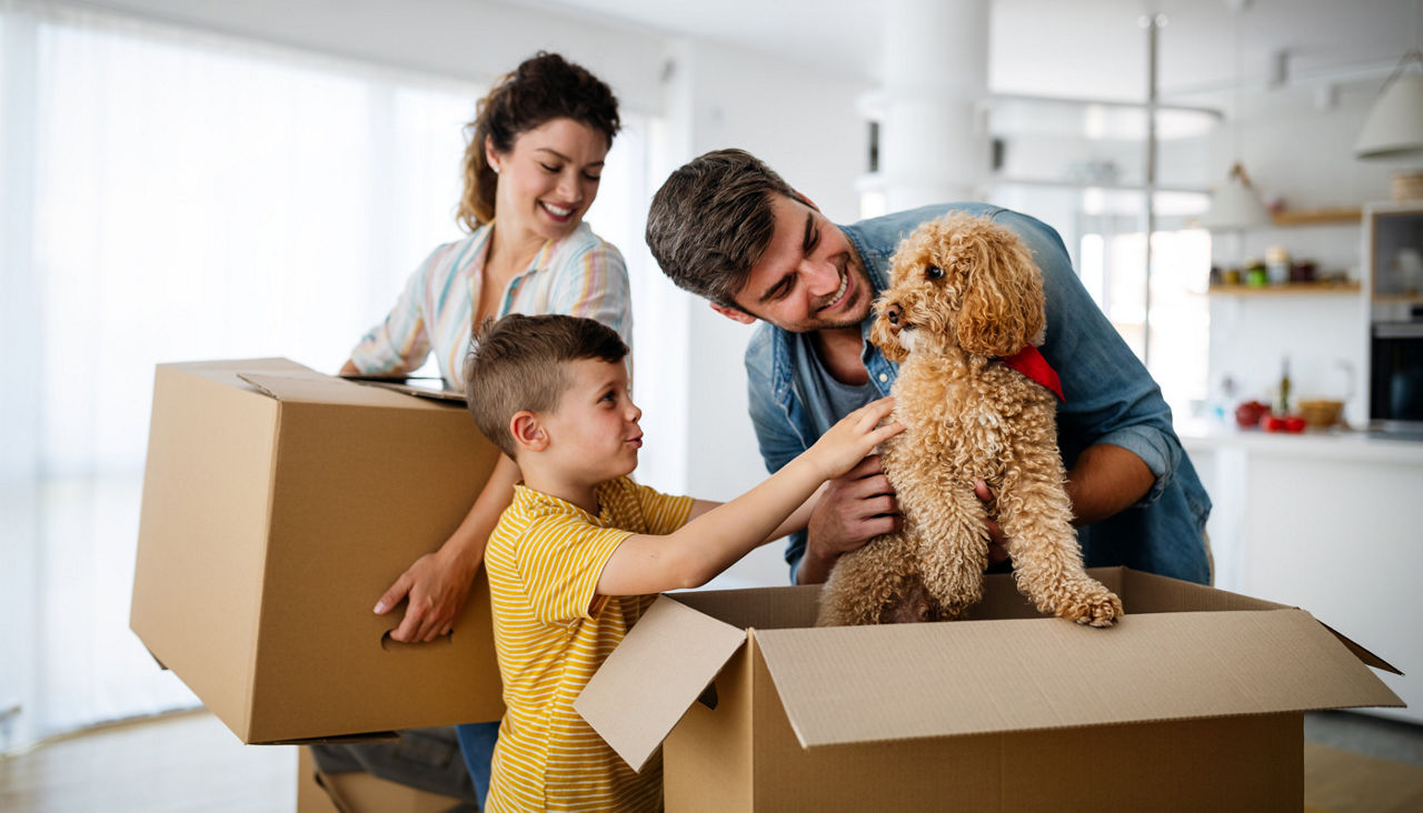 Husband and wife and their son with pet moving in new home.
