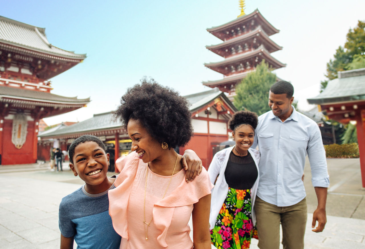 Happy family at Sensoji Temple in Japan, Tokyo at Adventures by Disney Vacation