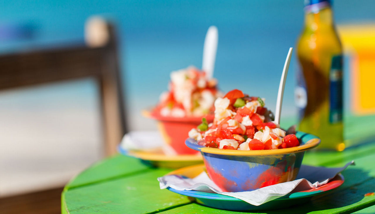 Two bowls of Bahamian conch salad, Caribbean flavor