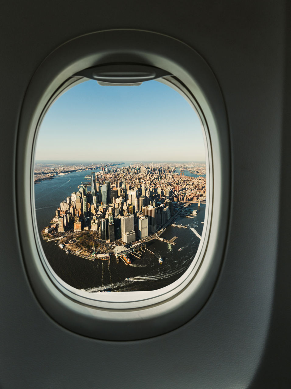 Manhattan Skyline from the Porthole of Aircraft, Aerial View