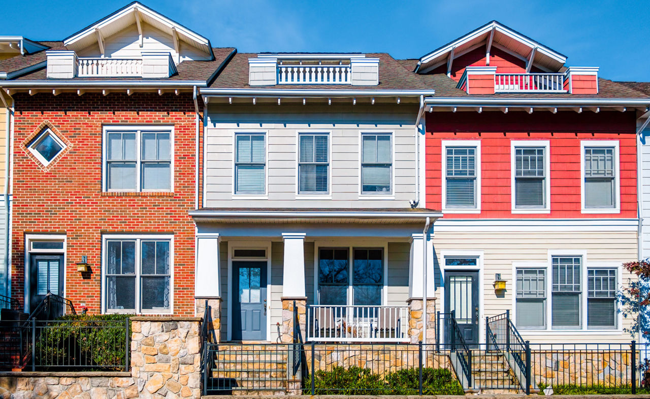 Close-up of a row of townhouses in Arlington, Virginia