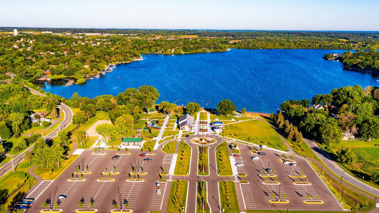 Aerial view of a park on a lake in Lakeville, MN