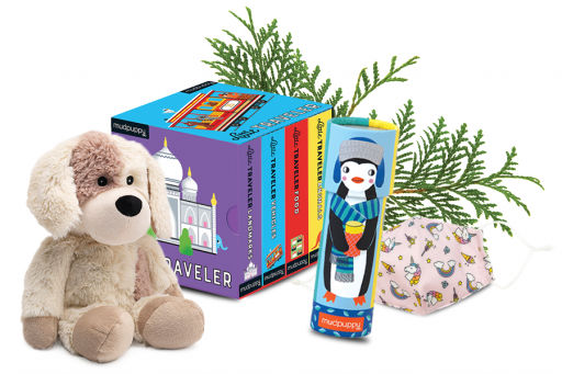 Plush Puppy next to Childrens Books and Kaleidescope next to Face Mask