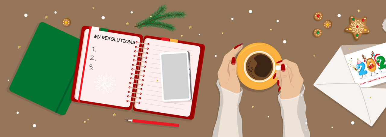 2022 resolutions vector banner. Female hands holding a coffee cup, woman thinking about new goals, plans for 2022. 2021 paper notebook, greeting card in envelope, Christmas tree branches, gingerbread