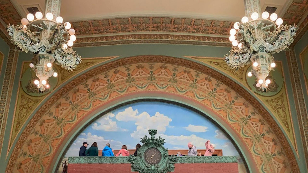 The National Farmers Bank interior, showing a premier example of Prairie School Architecture.