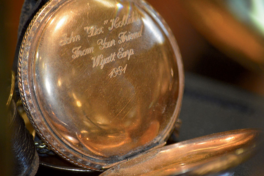 A pocket watch on display at the Doc Holliday Museum in Glenwood Springs bears an inscription purported to be from one of Doc's few real friends: Wyatt Earp. © Pat Woodard