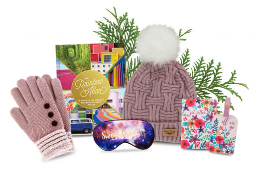 Gloves and hat with atlas and eye sleeping mask and luggage tag