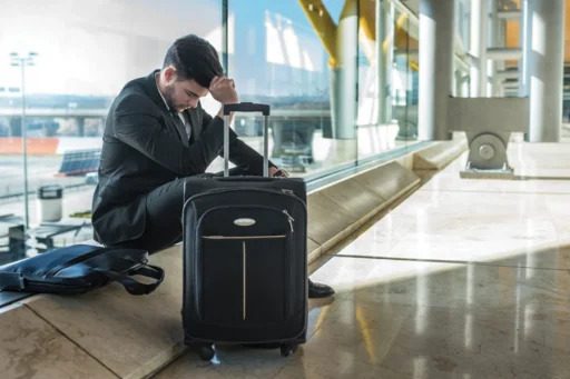 Man at the airport with his head in his hand