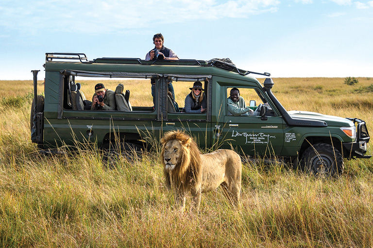 Africa Travel, safari vehicle with a lion in front.