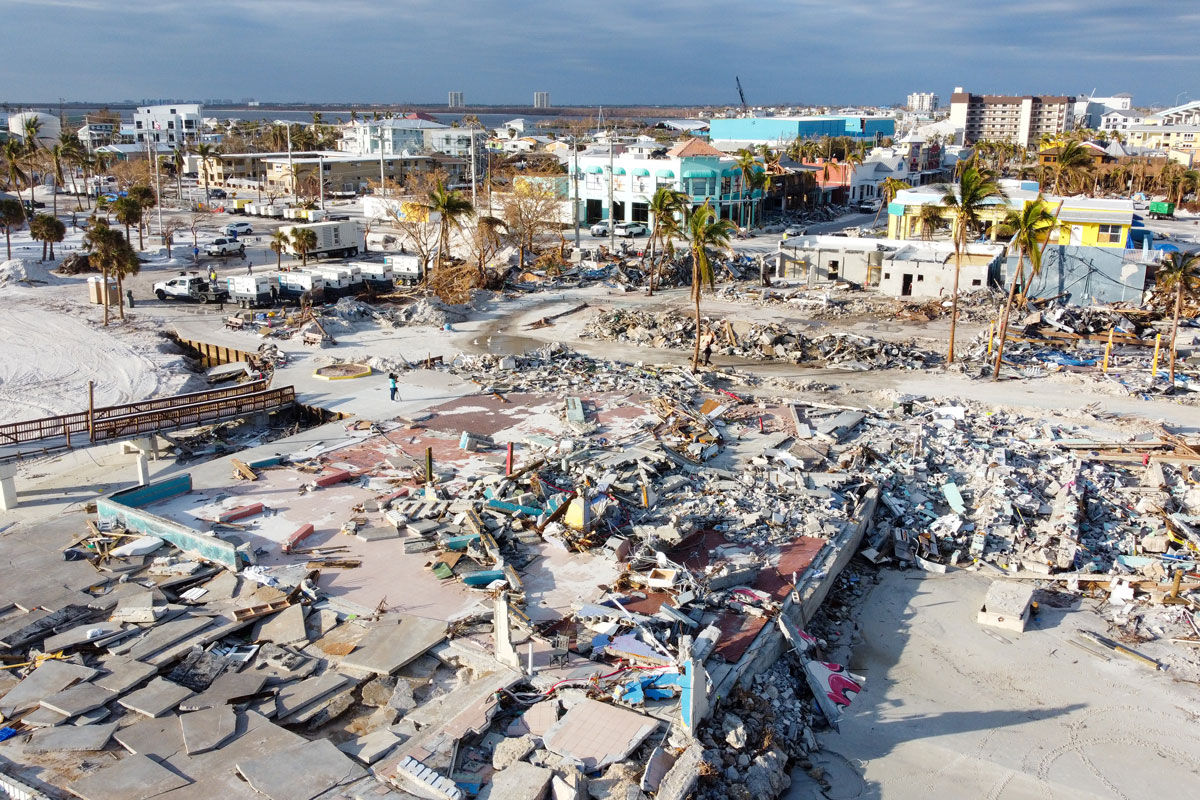 Overhead view of broken buildings after hurricane