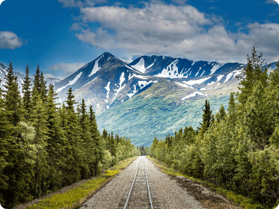 Railroad to Denali National Park, Alaska with impressive mountains
