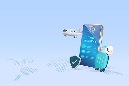 A graphic image of a phone with the words travel insurance on it. Includes a plane and a luggage bag.