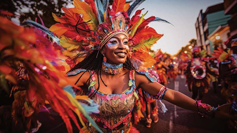 A vibrant Carnival performer dressed in colorful feathers and ornate costume surrounded by parade participants.