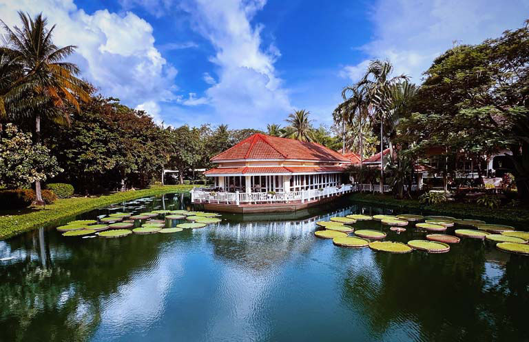 A serene riverside pavilion with a red roof reflected in the water, surrounded by lush tropical trees and giant water lilies.
