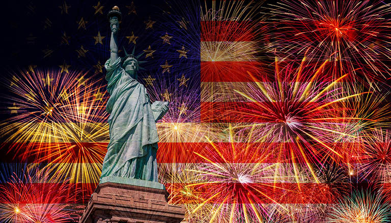 Rendering of America 250 celebration with the American flag, Statue of Liberty and fireworks.