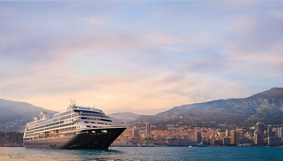 Azamara ship in front of city skyline
