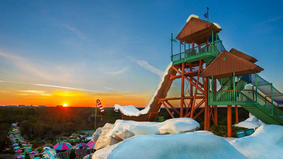 Disney's blizzard beach water slide at sunset.