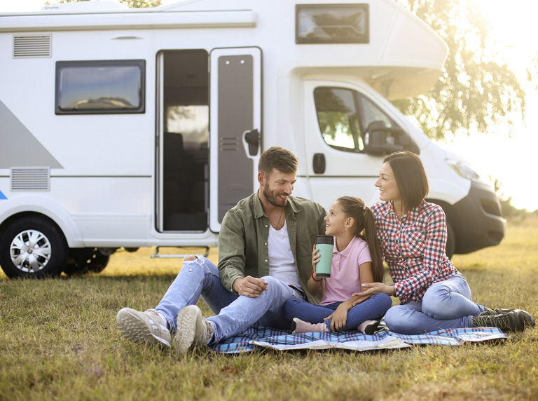 Family camping in an RV