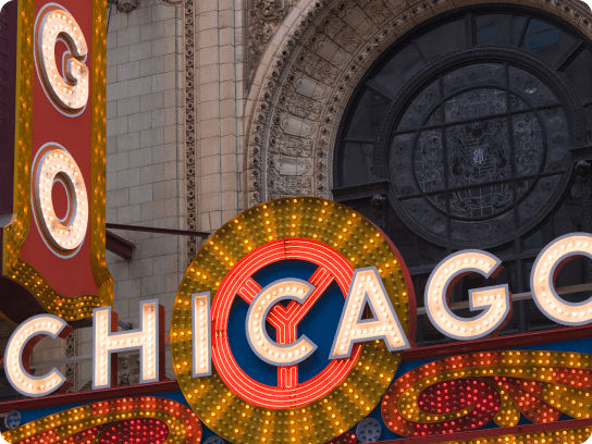 Illuminated sign on the Chicago Theater, Chicago, Illinois, USA