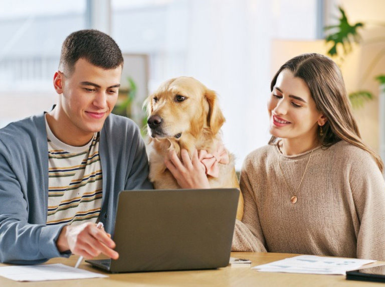 A couple sitting at a table with their golden retriever dog smiling looking at their laptop.