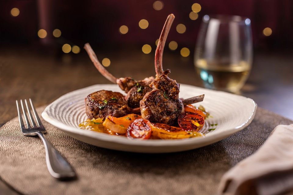 Grilled Lamb Chops with Oregano and Apple Chutney tomatoes char seasoned marinated trio golden brown charred