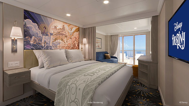 A refined, elegant Disney Destiny stateroom with balcony.