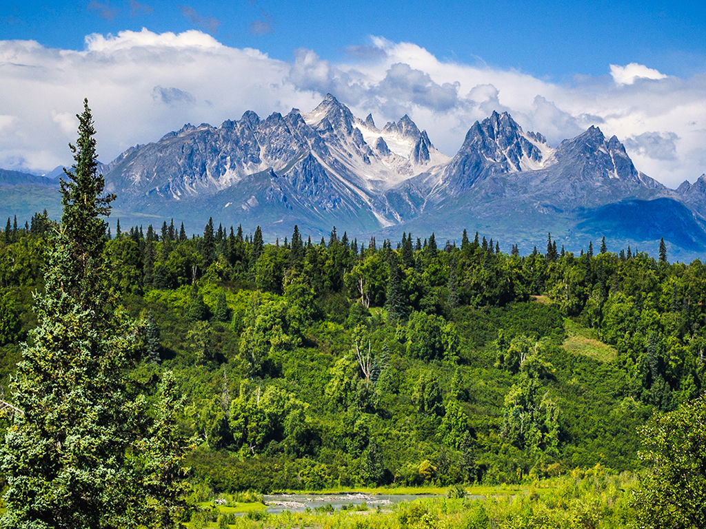 Rugged mountain peaks rise over the green river valleys of Denali National Park