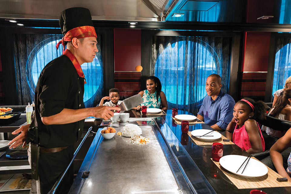 HM, Harmony of the Seas, Izumi restaurant, interior, Japanese cuisine, chef preparing food, cooking at table, grill, for black, AA, African-American family,