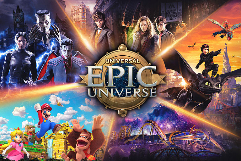 Collage of various themed areas and attractions at Universal Epic Universe Theme Park.