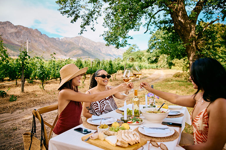 Group of young women clinking wine glasses for a toast during a wine tasting lunch around a colourful table, surrounded by  vineyard rows and distant hills.