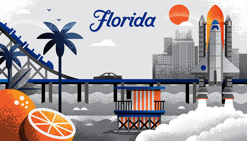 Illustration of various iconic locations in the state of Florida.