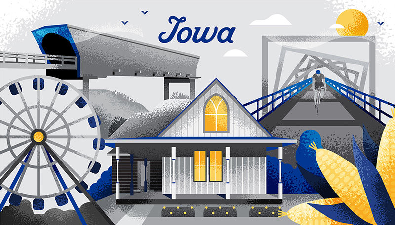 Illustration of various iconic locations in the state of Iowa