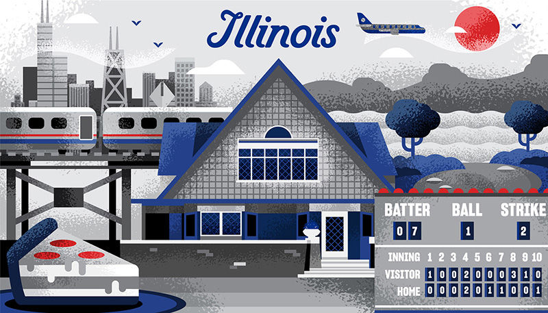 Illustration of various iconic locations in the state of Illinois