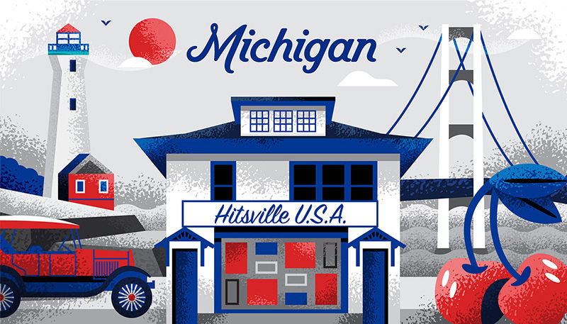 Illustration of various iconic locations in the state of Michigan