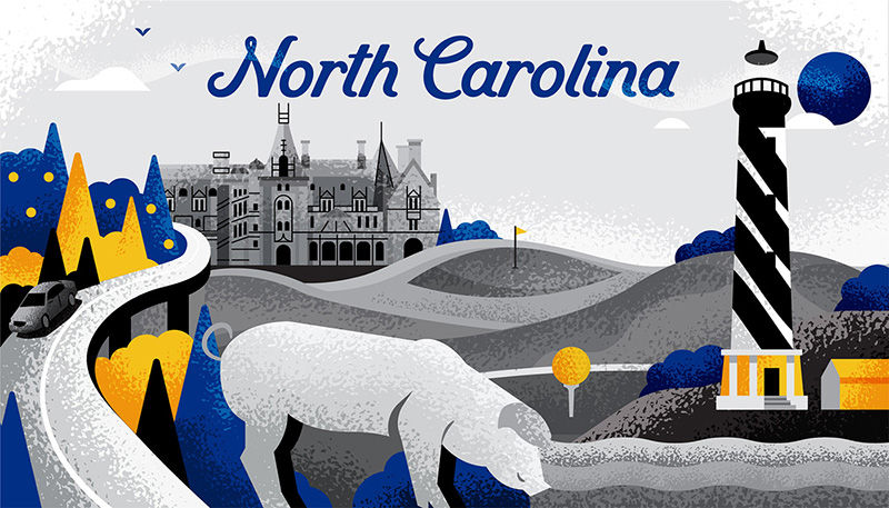 Illustration of various iconic locations in the state of North Carolina
