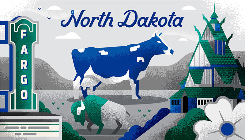 Illustration of various iconic locations in the state of North Dakota