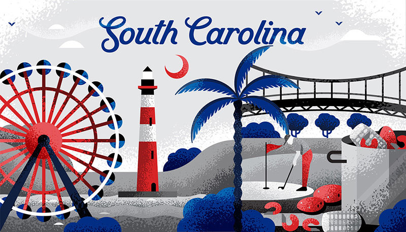 Illustration of various iconic locations in the state of South Carolina